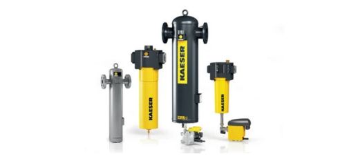 A group of five industrial compressed air filters and dryers, branded "KAESER," in yellow and gray colors, displayed against a white background.
